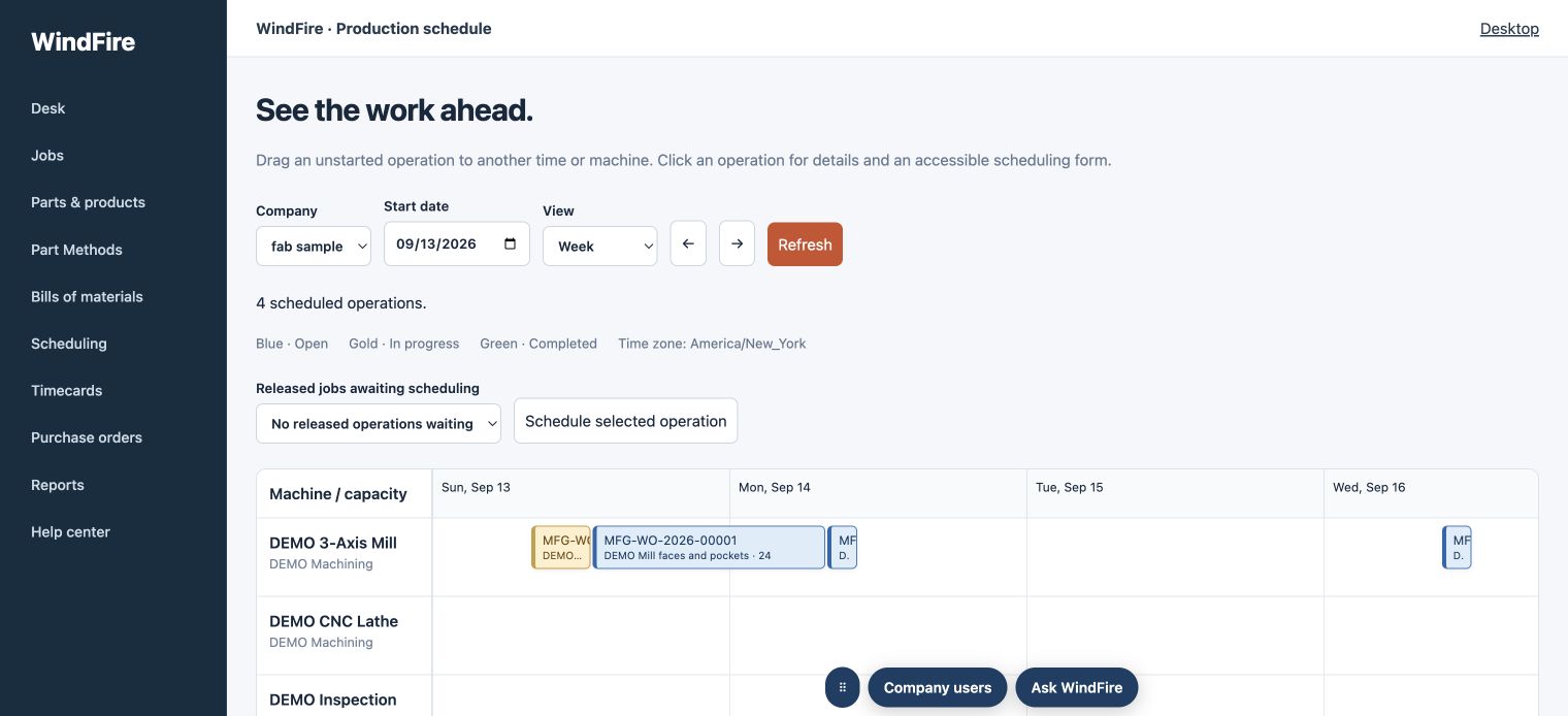 WindFire ERP production schedule showing machine rows and scheduled operations in the CNC demo workspace